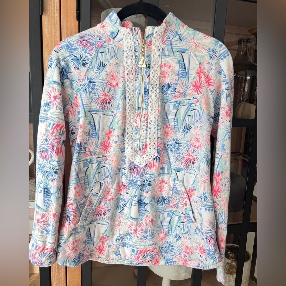 Lilly Pulitzer Janie Embroidered Popover zip SEA TO SHINING sailboats pullover